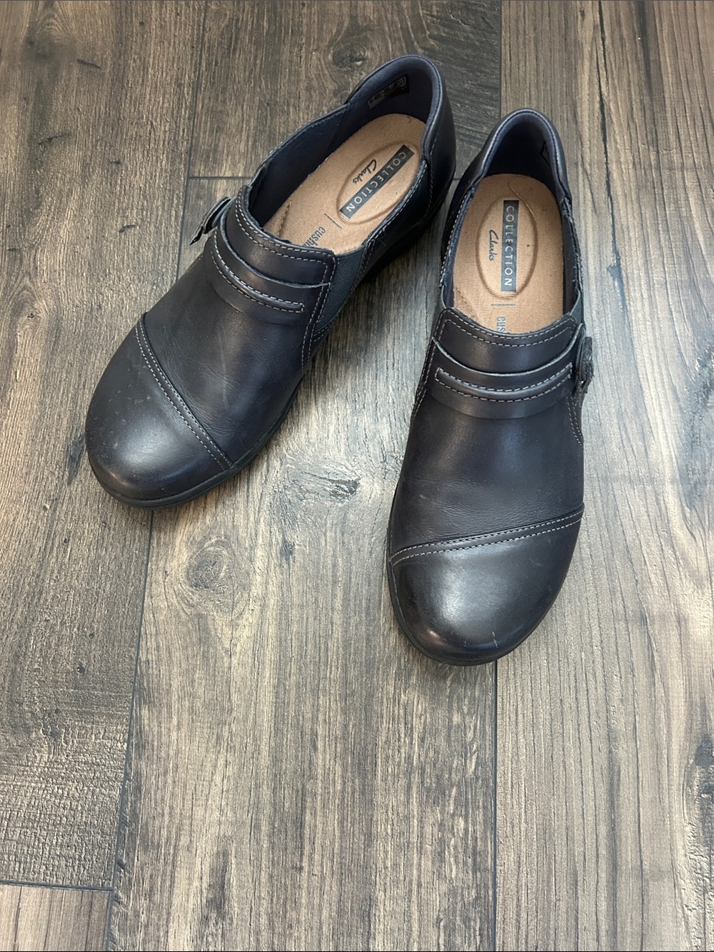Clarks Black Leather Slip-On Loafers with Buckle Detail